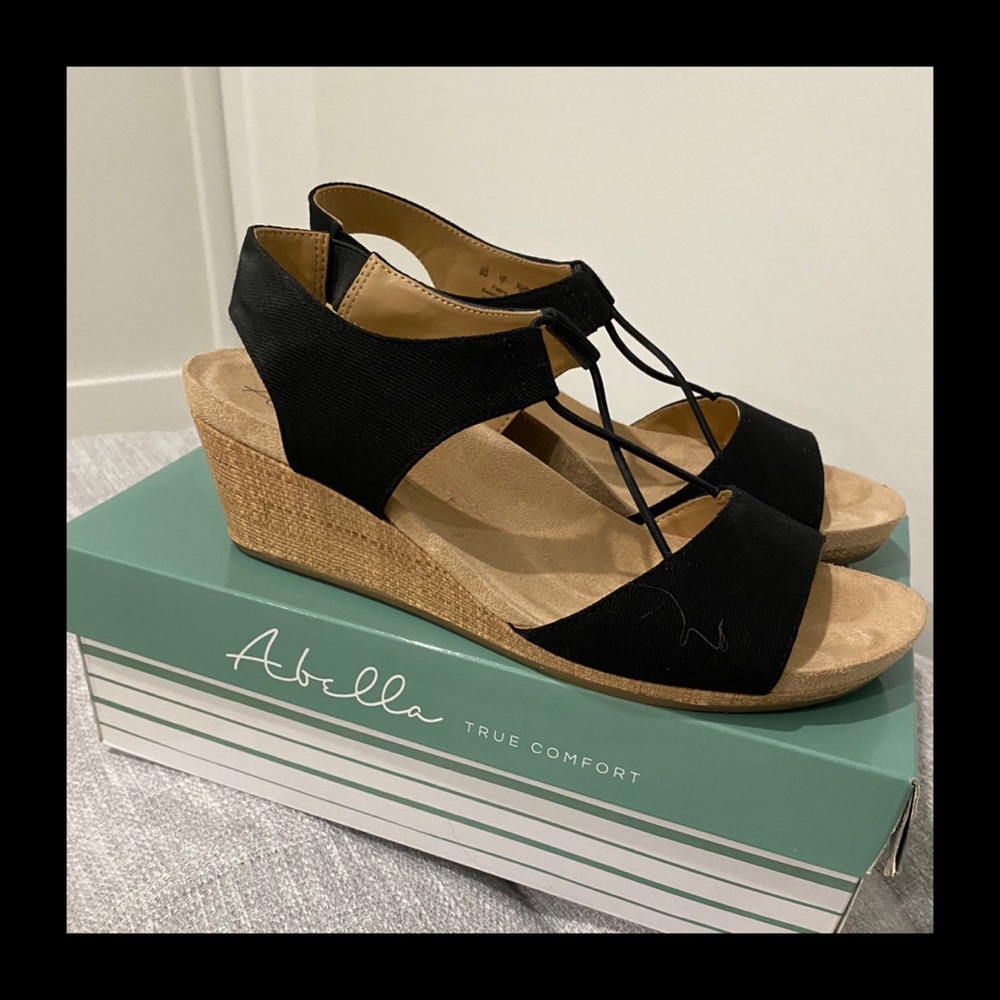Abella Black Canvas Wedge Shoes - Picture 2 of 5